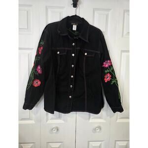 Bob Mackie Shirt Jacket Womens 1X Black Floral Wearable Art Stretch 90 Retro VTG